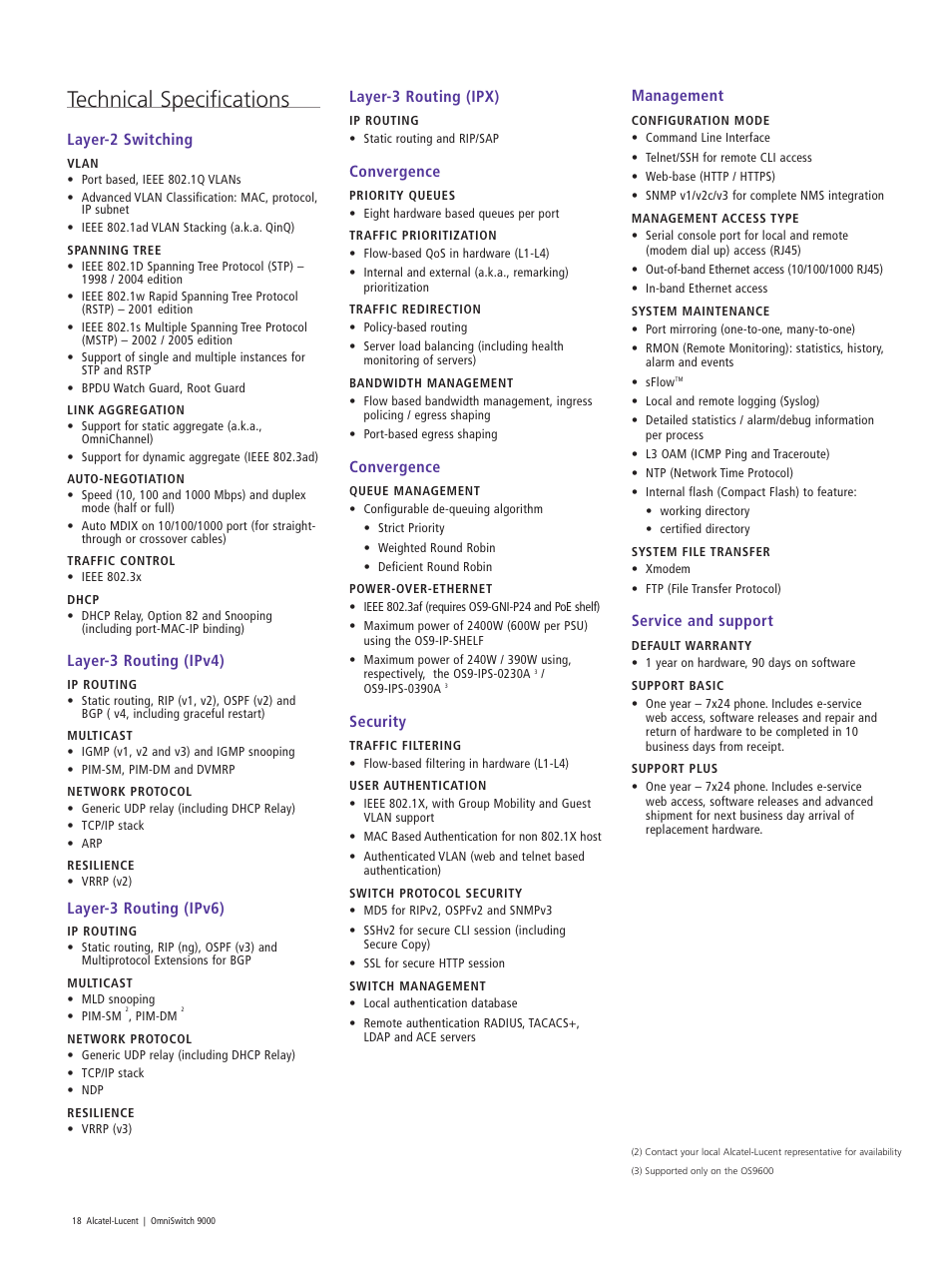 Technical specifications, Layer-2 switching, Layer-3 routing (ipv4) | Layer-3 routing (ipv6), Layer-3 routing (ipx), Convergence, Security, Management, Service and support | Alcatel Carrier Internetworking Solutions OmniSwitch 9000 User Manual | Page 18 / 20