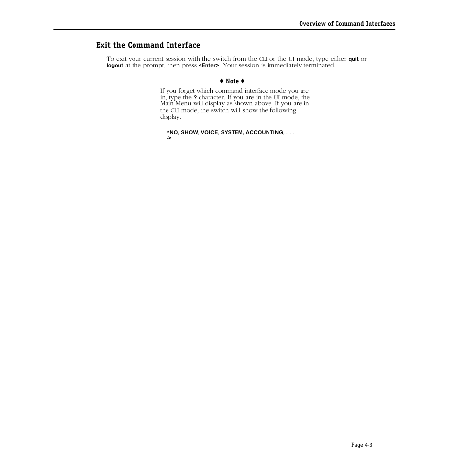 Exit the command interface, Exit the command interface -3 | Alcatel Carrier Internetworking Solutions Omni Switch/Router User Manual | Page 113 / 1100