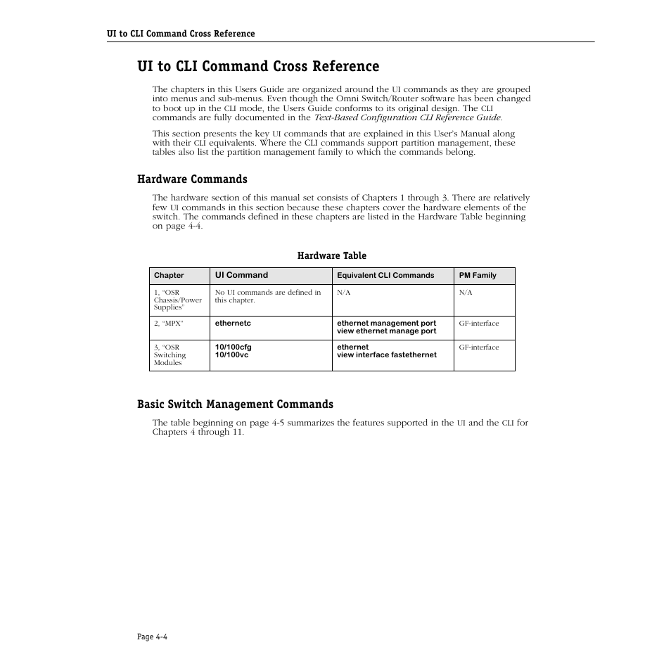 Ui to cli command cross reference, Hardware commands, Hardware table | Basic switch management commands, Ui to cli command cross reference -4, Hardware commands -4, Hardware table -4, Basic switch management commands -4 | Alcatel Carrier Internetworking Solutions Omni Switch/Router User Manual | Page 114 / 1100