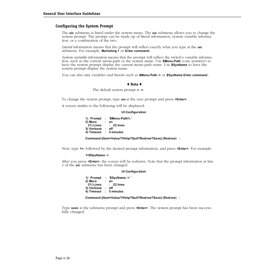 Configuring the system prompt, Configuring the system prompt -18 | Alcatel Carrier Internetworking Solutions Omni Switch/Router User Manual | Page 128 / 1100