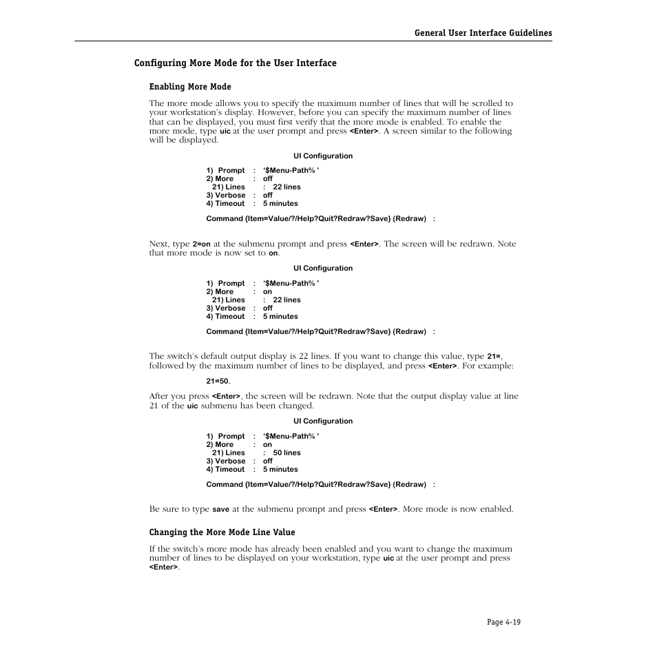 Configuring more mode for the user interface, Configuring more mode for the user interface -19 | Alcatel Carrier Internetworking Solutions Omni Switch/Router User Manual | Page 129 / 1100