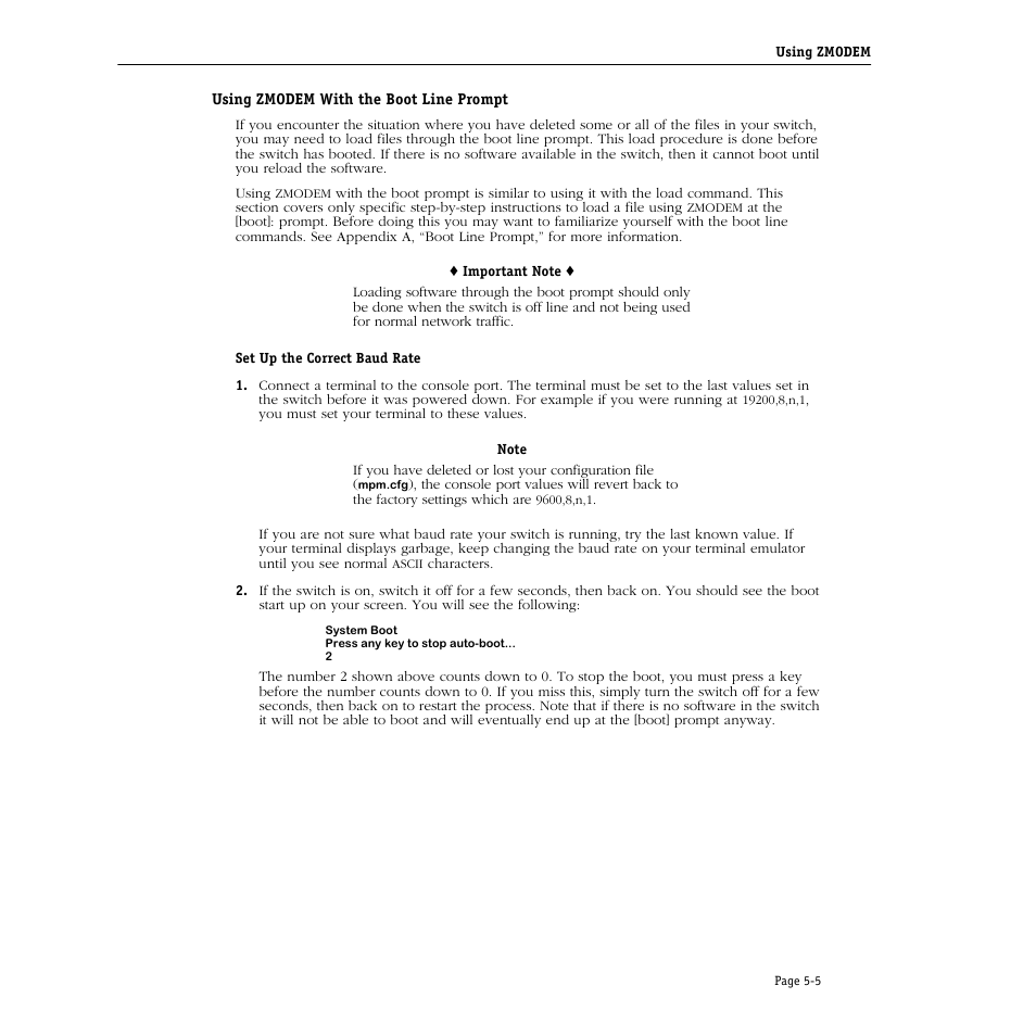 Using zmodem with the boot line prompt, Using zmodem with the boot line prompt -5 | Alcatel Carrier Internetworking Solutions Omni Switch/Router User Manual | Page 161 / 1100
