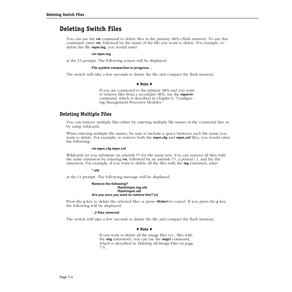 Deleting switch files, Deleting multiple files, Deleting switch files -4 | Deleting multiple files -4 | Alcatel Carrier Internetworking Solutions Omni Switch/Router User Manual | Page 190 / 1100
