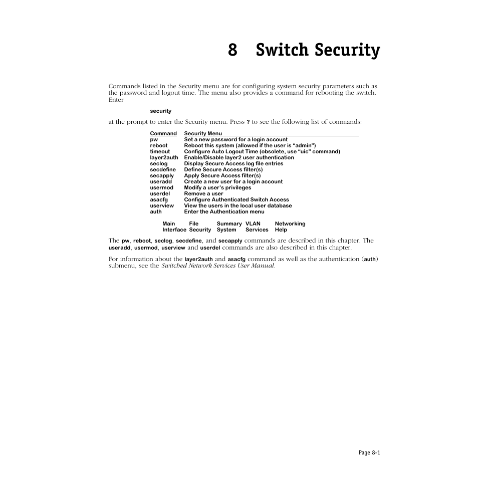 Switch security, 8 switch security, 8switch security | Alcatel Carrier Internetworking Solutions Omni Switch/Router User Manual | Page 203 / 1100