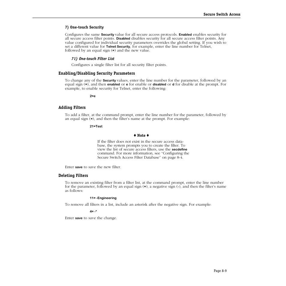 Enabling/disabling security parameters, Adding filters, Deleting filters | Alcatel Carrier Internetworking Solutions Omni Switch/Router User Manual | Page 211 / 1100