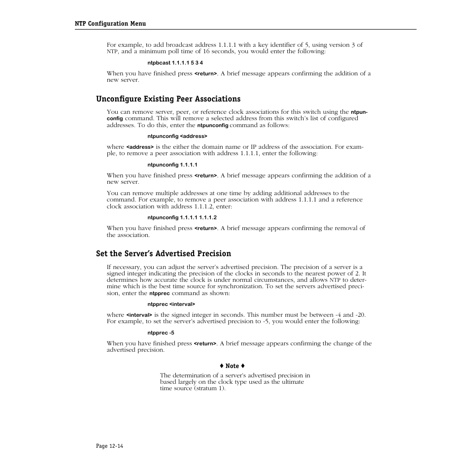 Unconfigure existing peer associations, Set the server’s advertised precision | Alcatel Carrier Internetworking Solutions Omni Switch/Router User Manual | Page 292 / 1100
