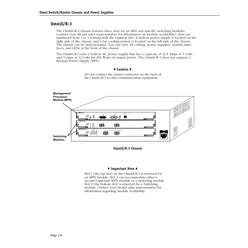 Omnis/r-3, Omnis/r-3 -8, Omni switch/router chassis and power supplies | The omnis/r-3 chassis features three slots for an, Page 1-8, Management, Switching, Processor module (mpx) modules | Alcatel Carrier Internetworking Solutions Omni Switch/Router User Manual | Page 38 / 1100