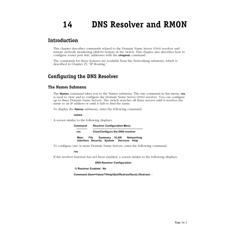Dns resolver and rmon, Introduction, Configuring the dns resolver | The names submenu, 14 dns resolver and rmon, Introduction -1, Configuring the dns resolver -1, The names submenu -1 | Alcatel Carrier Internetworking Solutions Omni Switch/Router User Manual | Page 409 / 1100