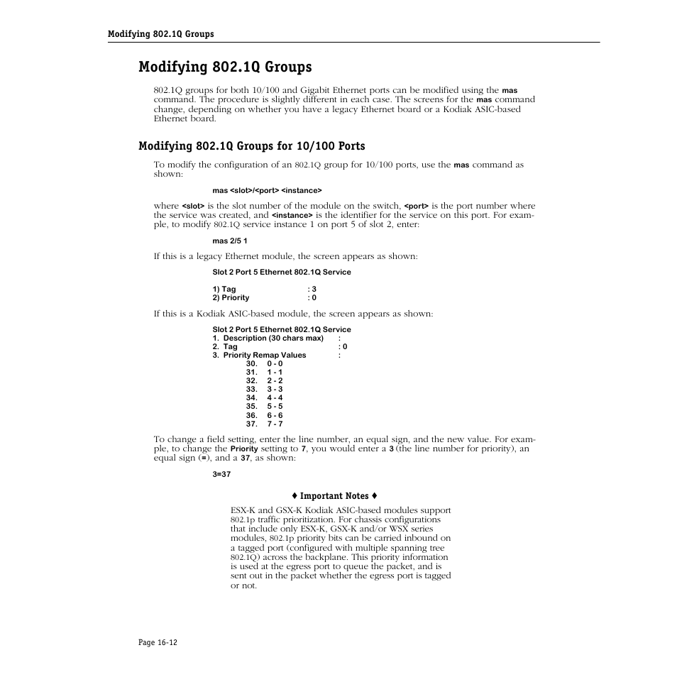 Modifying 802.1q groups, Modifying 802.1q groups for 10/100 ports, Modifying 802.1q groups -12 | Modifying 802.1q groups for 10/100 ports -12 | Alcatel Carrier Internetworking Solutions Omni Switch/Router User Manual | Page 442 / 1100