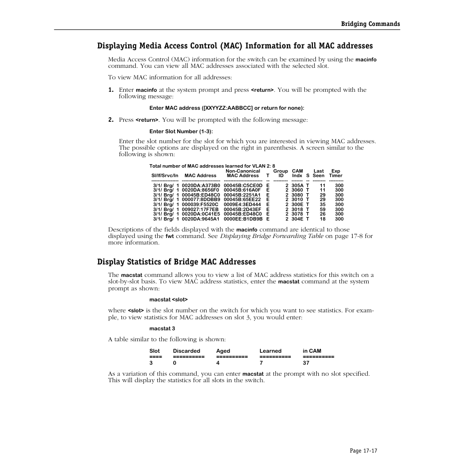 Display statistics of bridge mac addresses | Alcatel Carrier Internetworking Solutions Omni Switch/Router User Manual | Page 465 / 1100