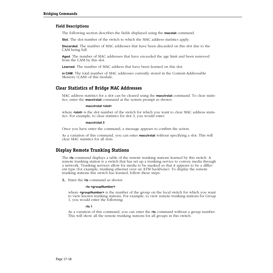 Field descriptions, Clear statistics of bridge mac addresses, Display remote trunking stations | Alcatel Carrier Internetworking Solutions Omni Switch/Router User Manual | Page 466 / 1100