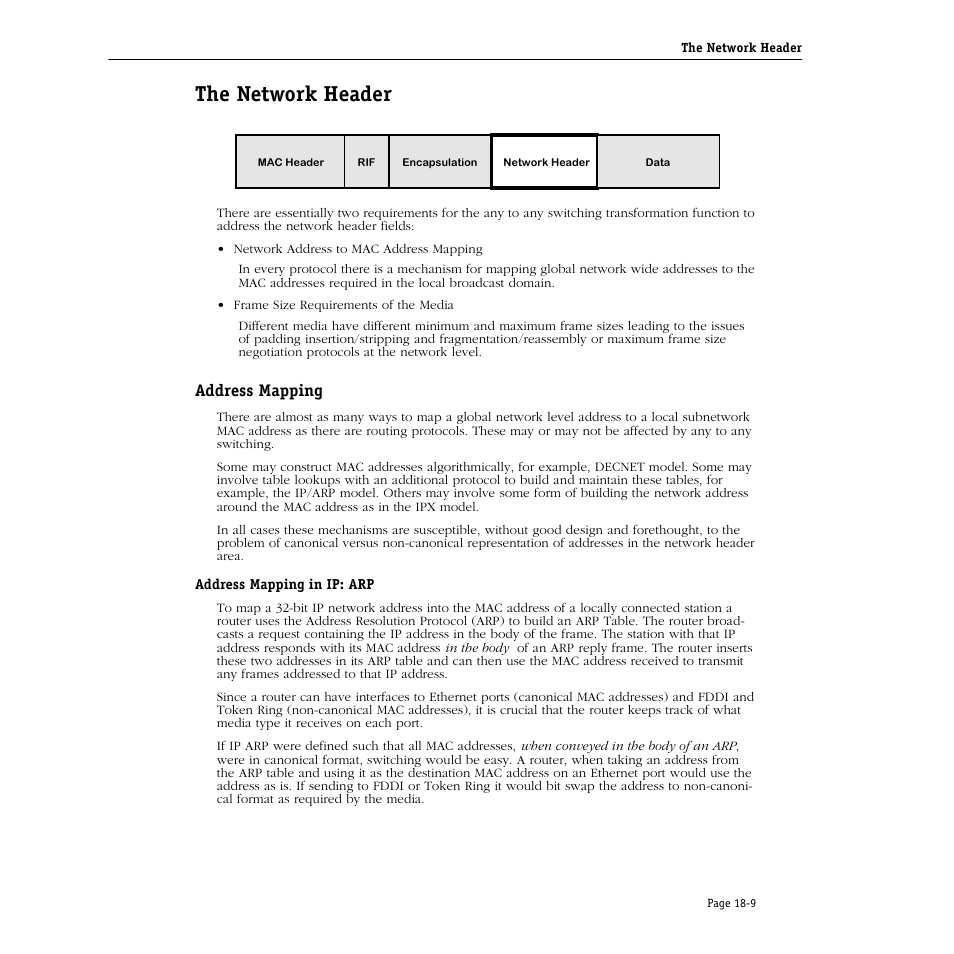 The network header, Address mapping, Address mapping in ip: arp | The network header -9, Address mapping -9, Address mapping in ip: arp -9 | Alcatel Carrier Internetworking Solutions Omni Switch/Router User Manual | Page 505 / 1100