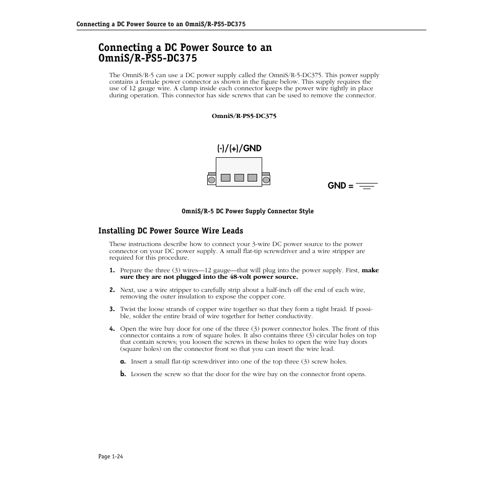 Installing dc power source wire leads, Installing dc power source wire leads -24 | Alcatel Carrier Internetworking Solutions Omni Switch/Router User Manual | Page 54 / 1100