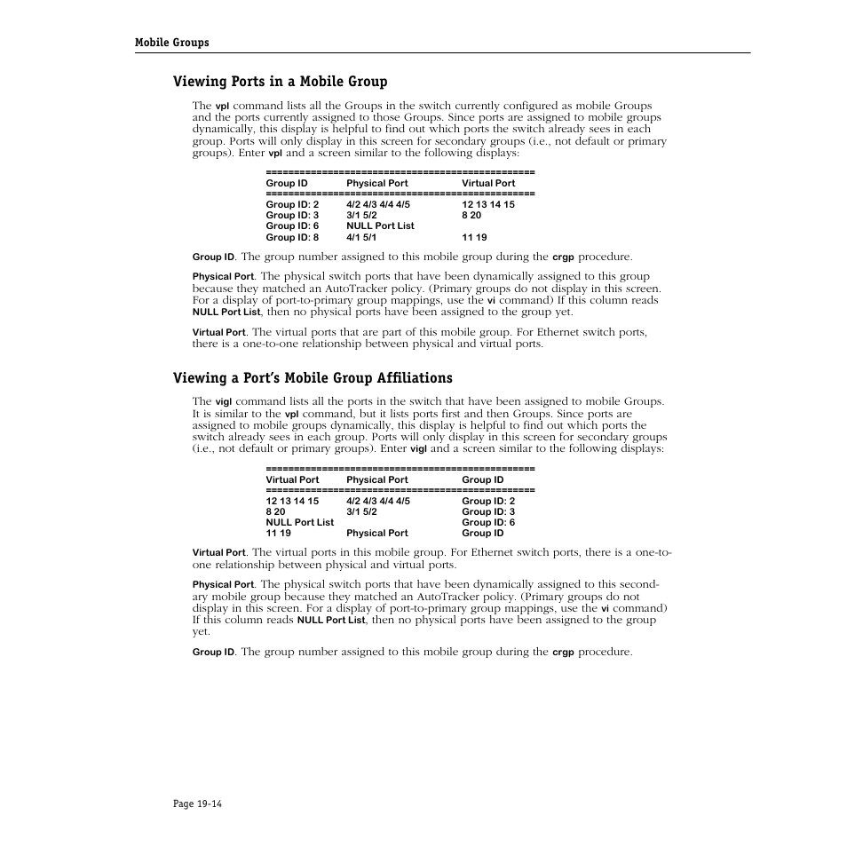 Viewing ports in a mobile group, Viewing a port’s mobile group affiliations | Alcatel Carrier Internetworking Solutions Omni Switch/Router User Manual | Page 556 / 1100