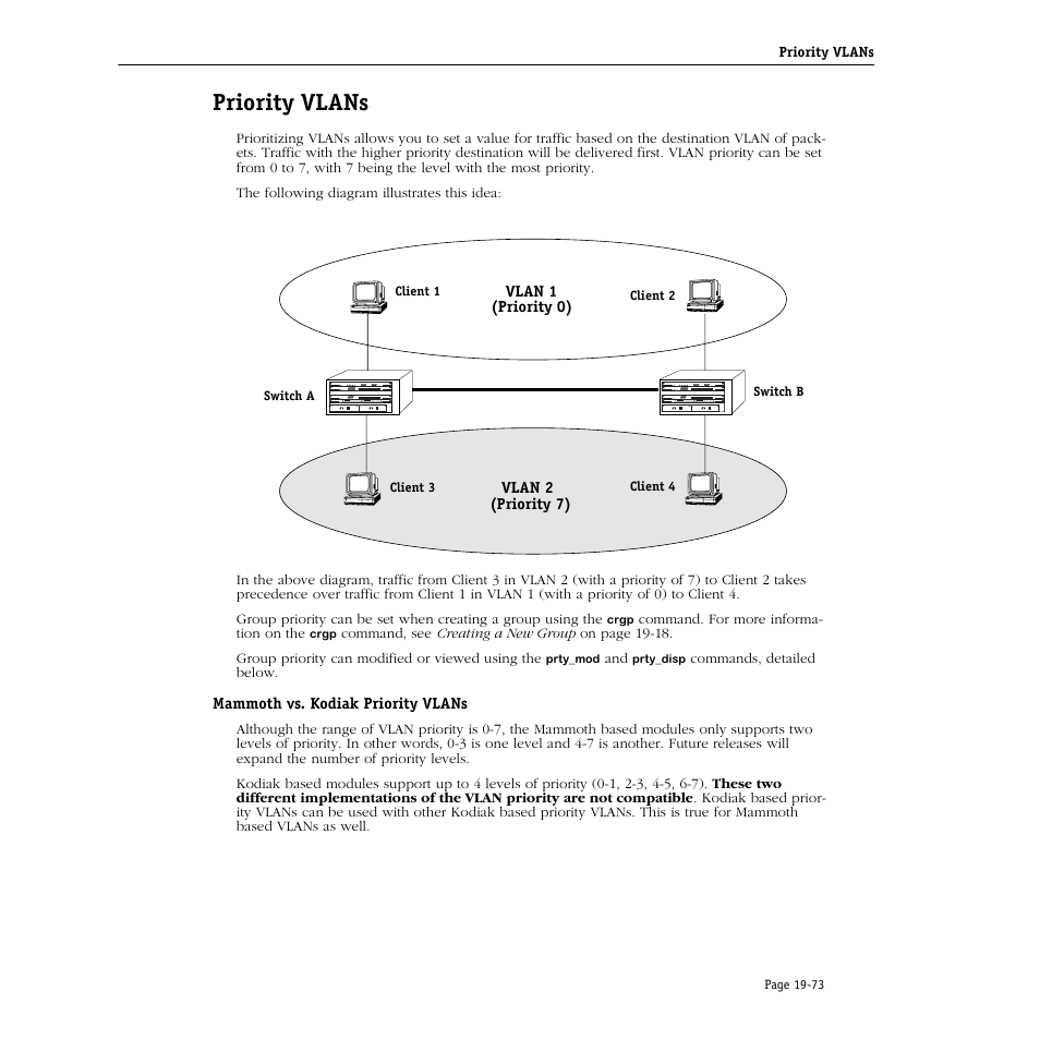 Priority vlans, Mammoth vs. kodiak priority vlans, Priority vlans -73 | Mammoth vs. kodiak priority vlans -73 | Alcatel Carrier Internetworking Solutions Omni Switch/Router User Manual | Page 615 / 1100