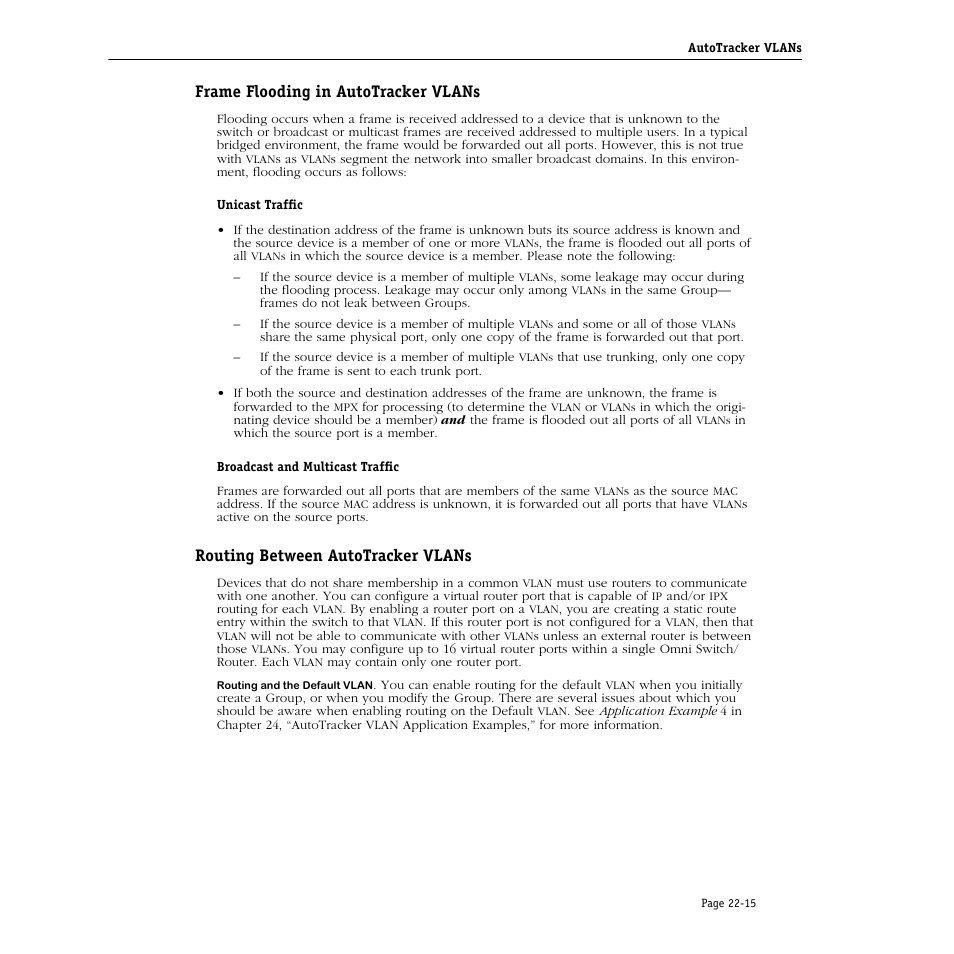 Frame flooding in autotracker vlans, Routing between autotracker vlans, Frame flooding in autotracker vlans -15 | Routing between autotracker vlans -15 | Alcatel Carrier Internetworking Solutions Omni Switch/Router User Manual | Page 675 / 1100