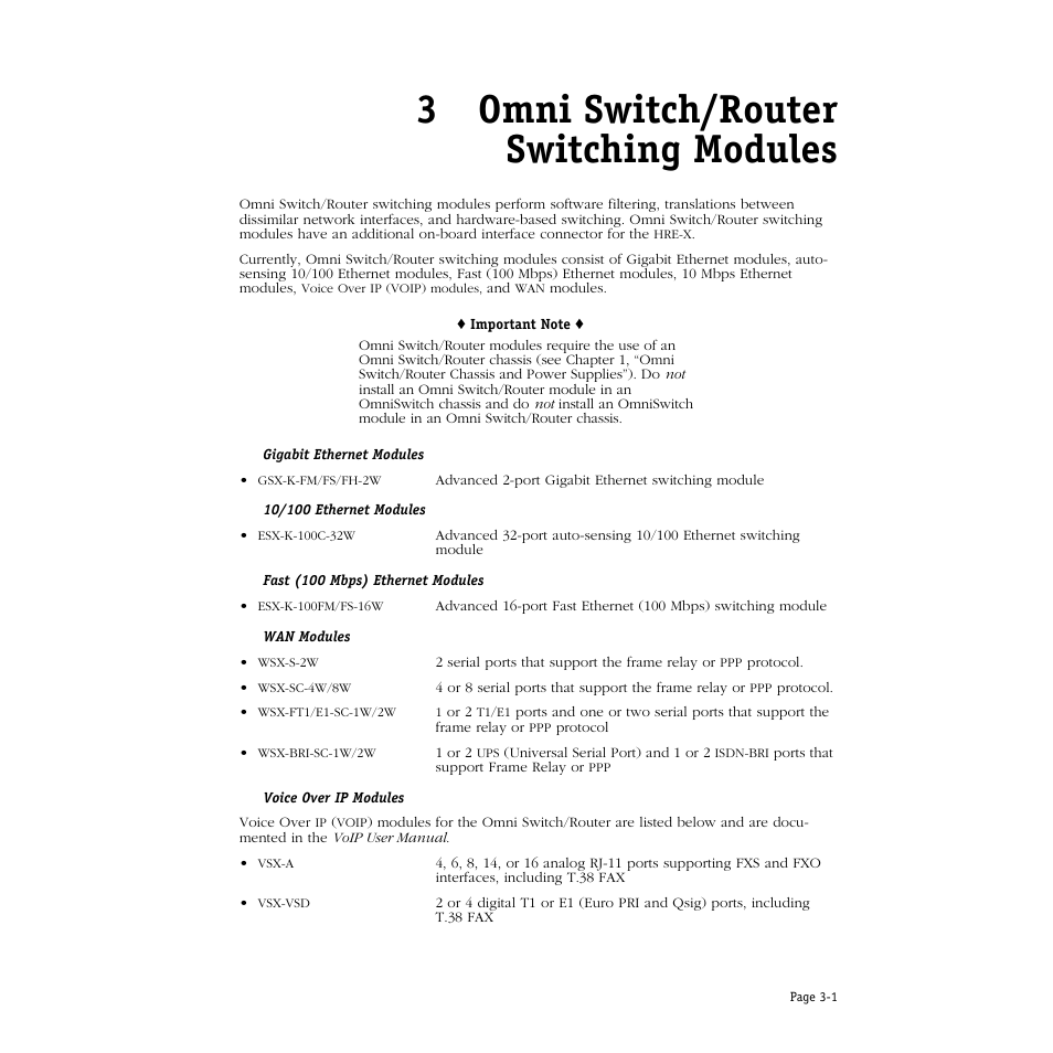 Omni switch/router switching modules, 3 omni switch/router switching modules, 3omni switch/router switching modules | Alcatel Carrier Internetworking Solutions Omni Switch/Router User Manual | Page 71 / 1100