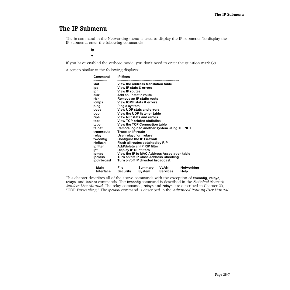 The ip submenu, The ip submenu -7 | Alcatel Carrier Internetworking Solutions Omni Switch/Router User Manual | Page 729 / 1100