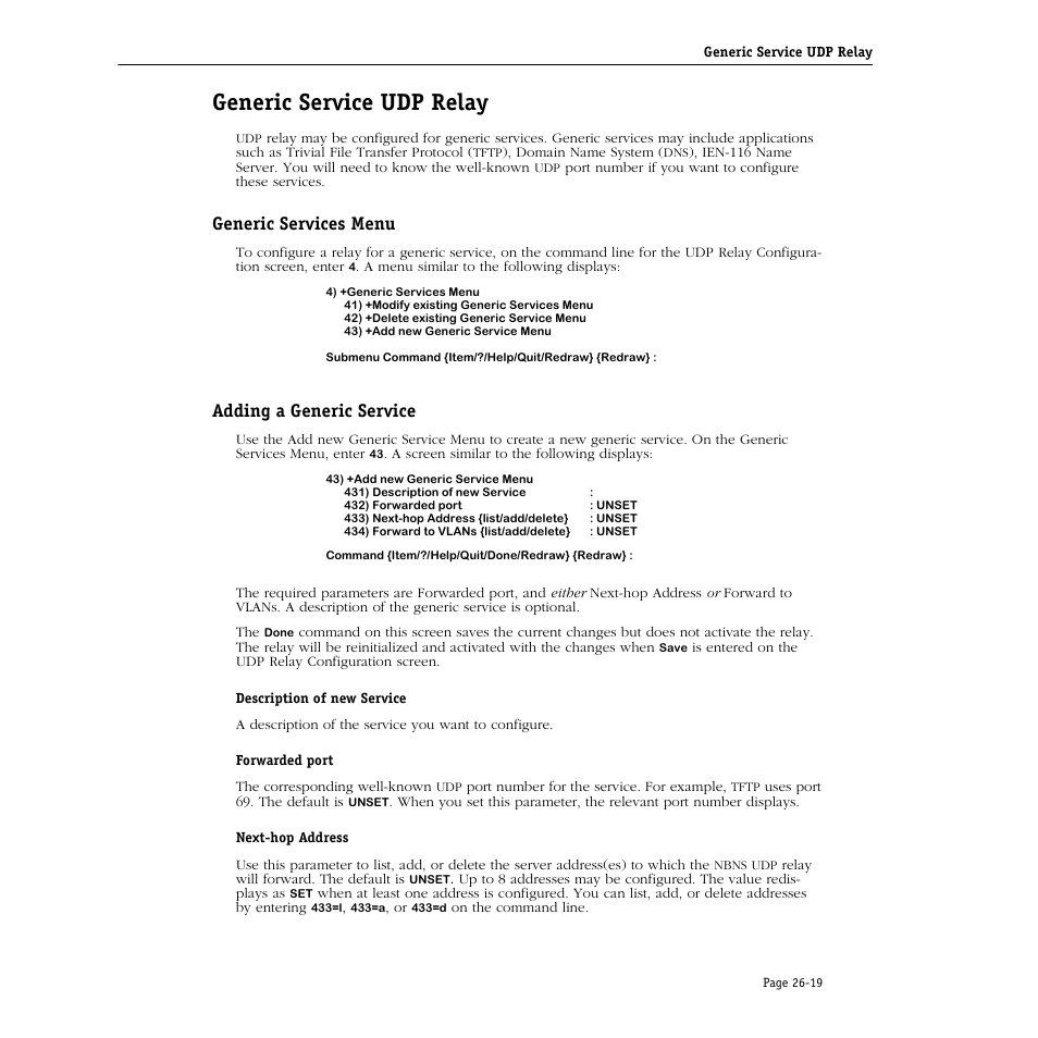 Generic service udp relay, Generic services menu, Adding a generic service | Generic service udp relay -19 | Alcatel Carrier Internetworking Solutions Omni Switch/Router User Manual | Page 783 / 1100