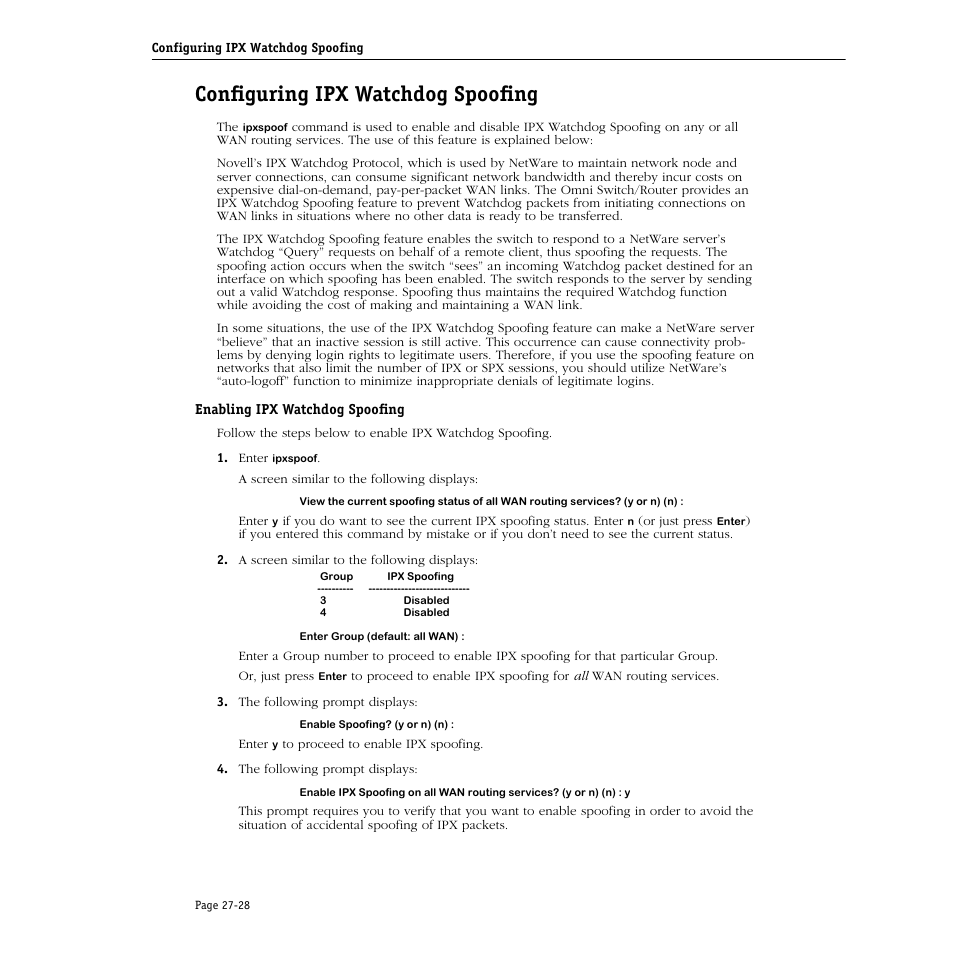 Configuring ipx watchdog spoofing, Enabling ipx watchdog spoofing, Configuring ipx watchdog spoofing -28 | Enabling ipx watchdog spoofing -28 | Alcatel Carrier Internetworking Solutions Omni Switch/Router User Manual | Page 816 / 1100