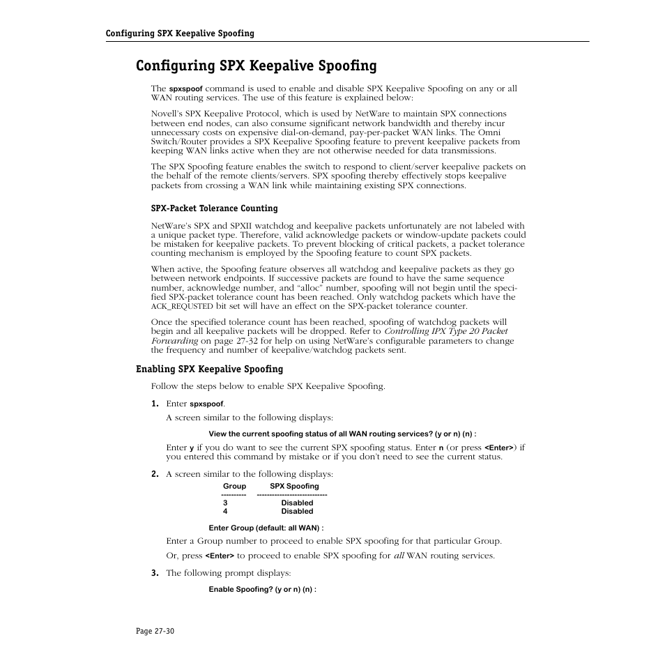 Configuring spx keepalive spoofing, Enabling spx keepalive spoofing, Configuring spx keepalive spoofing -30 | Enabling spx keepalive spoofing -30 | Alcatel Carrier Internetworking Solutions Omni Switch/Router User Manual | Page 818 / 1100
