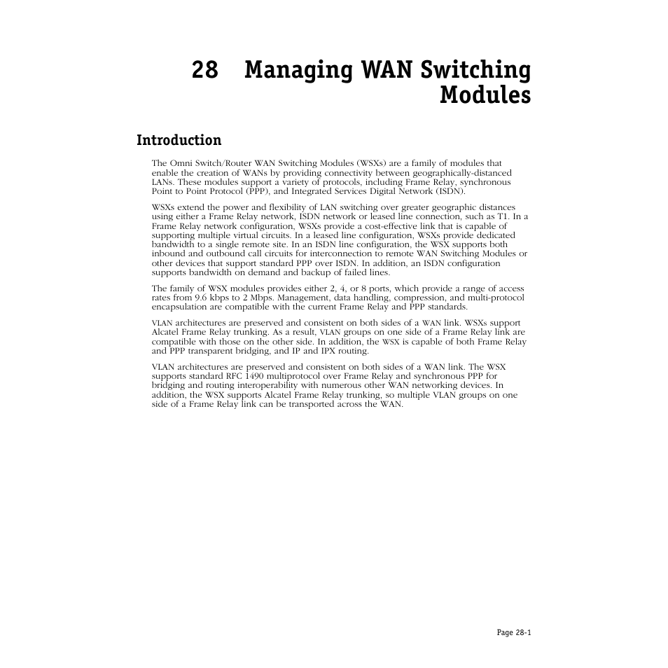 Managing wan switching modules, Introduction, 28 managing wan switching modules | Introduction -1 | Alcatel Carrier Internetworking Solutions Omni Switch/Router User Manual | Page 827 / 1100