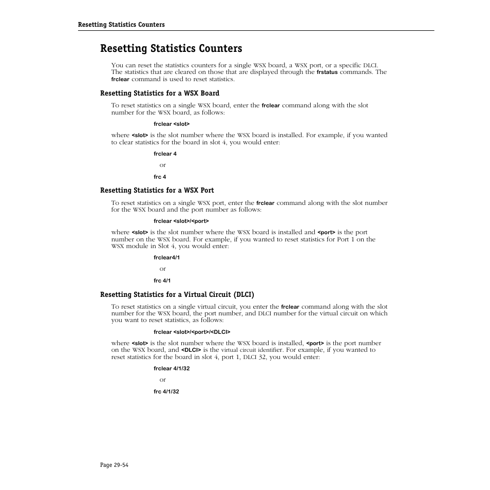 Resetting statistics counters, Resetting statistics for a wsx board, Resetting statistics for a wsx port | Resetting statistics for a virtual circuit (dlci), Resetting statistics counters -54 | Alcatel Carrier Internetworking Solutions Omni Switch/Router User Manual | Page 926 / 1100