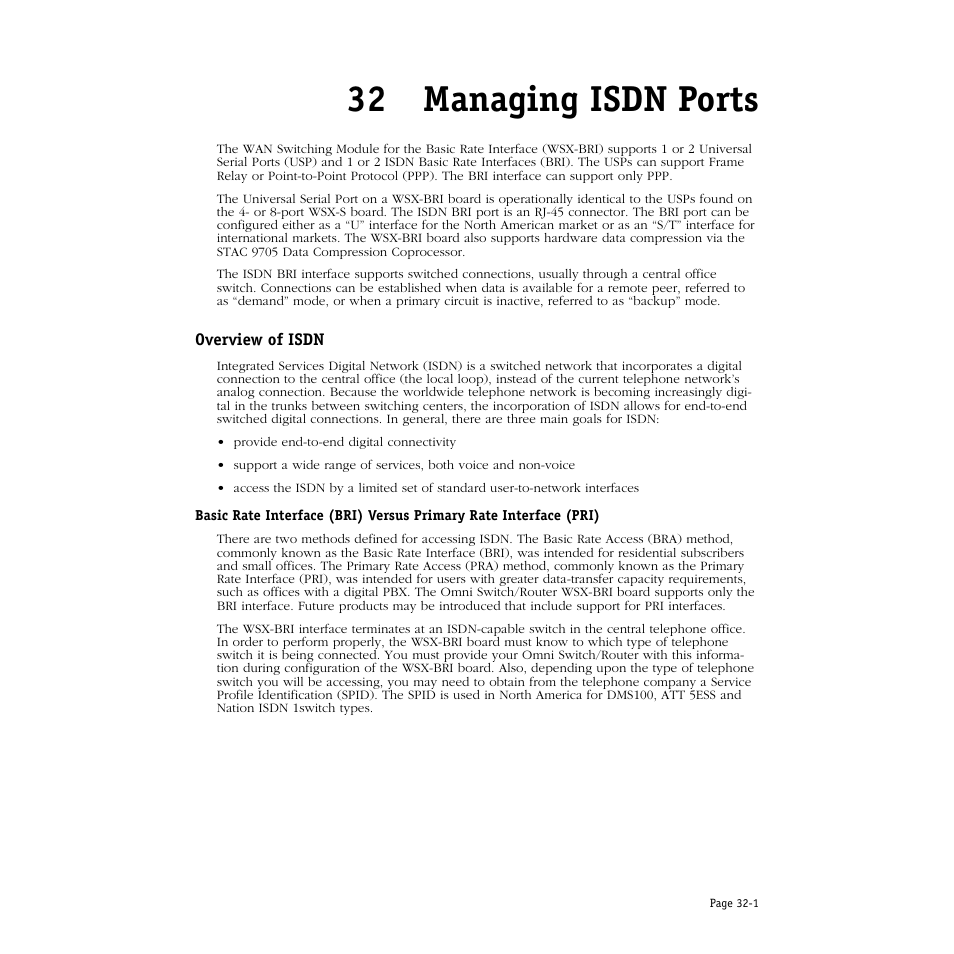 Managing isdn ports, Overview of isdn, 32 managing isdn ports | Overview of isdn -1 | Alcatel Carrier Internetworking Solutions Omni Switch/Router User Manual | Page 979 / 1100