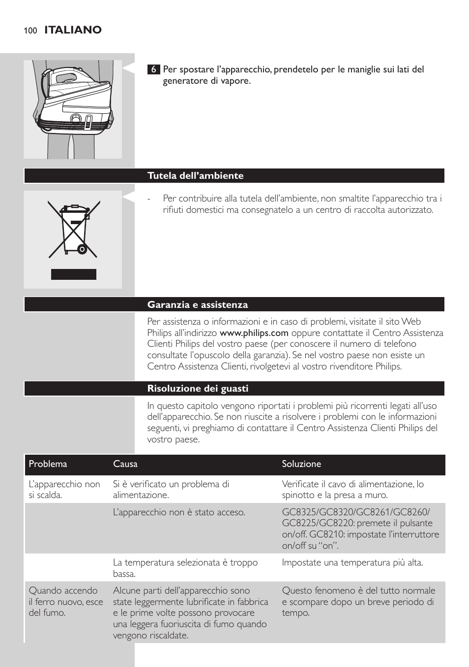 Tutela dell’ambiente, Garanzia e assistenza, Risoluzione dei guasti | Philips Dampfbügelstation User Manual | Page 100 / 166