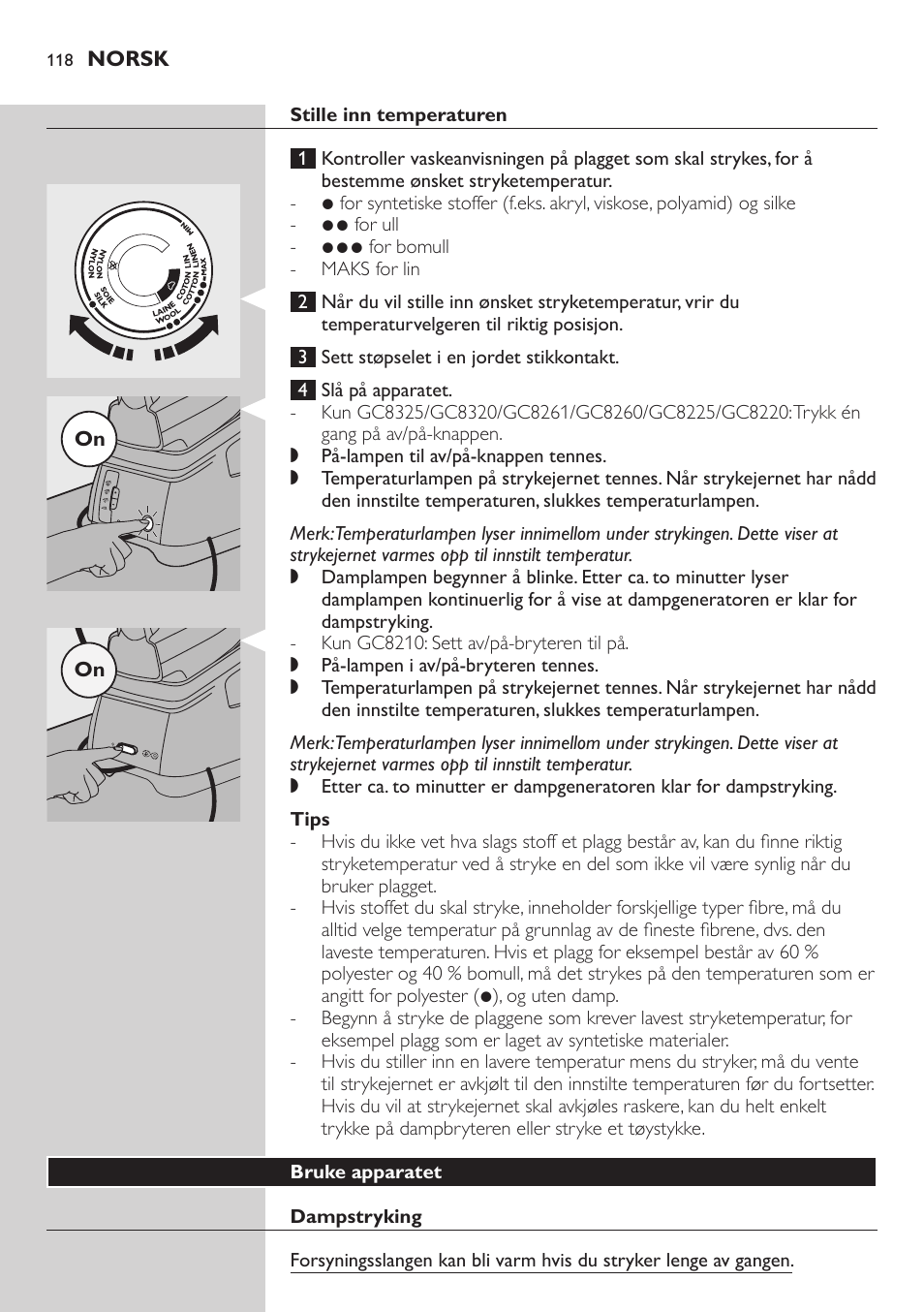 Stille inn temperaturen, Tips, Bruke apparatet | Dampstryking | Philips Dampfbügelstation User Manual | Page 118 / 166