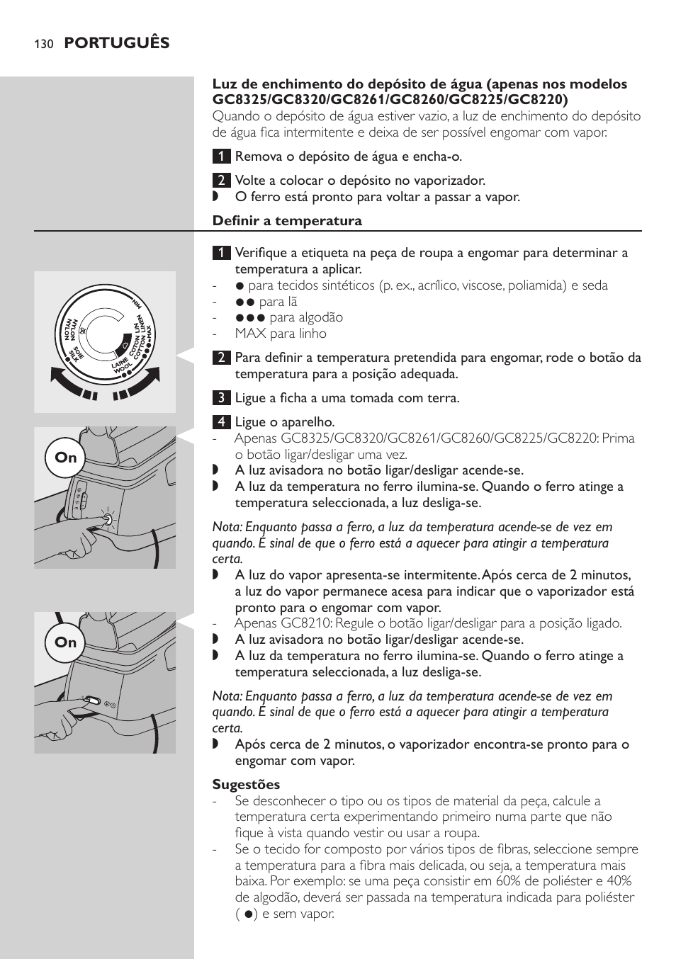 Definir a temperatura, Sugestões | Philips Dampfbügelstation User Manual | Page 130 / 166