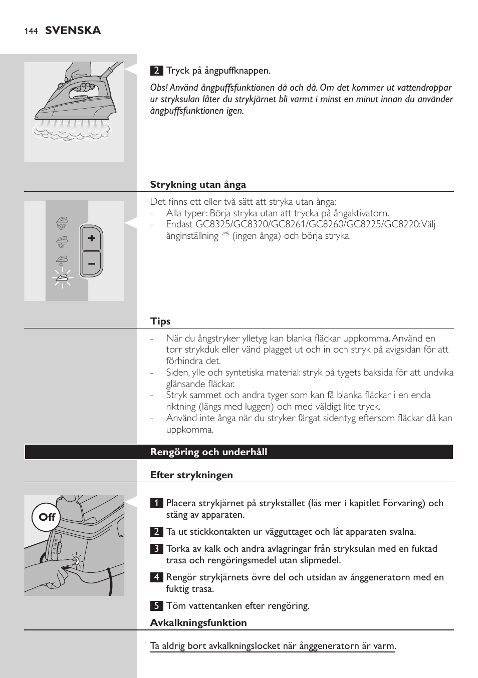 Strykning utan ånga, Tips, Rengöring och underhåll | Efter strykningen, Avkalkningsfunktion | Philips Dampfbügelstation User Manual | Page 144 / 166
