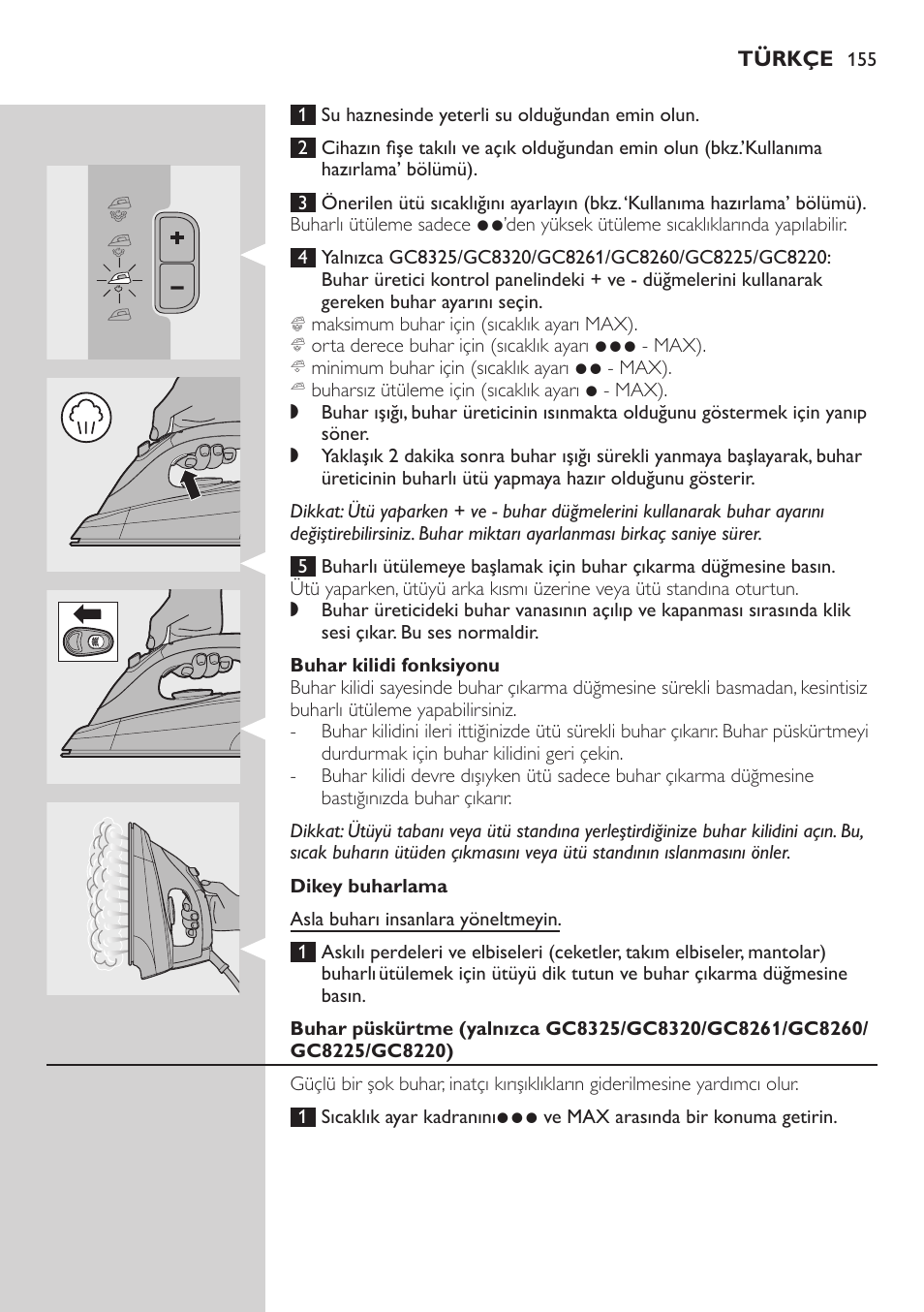 Buhar kilidi fonksiyonu, Dikey buharlama | Philips Dampfbügelstation User Manual | Page 155 / 166