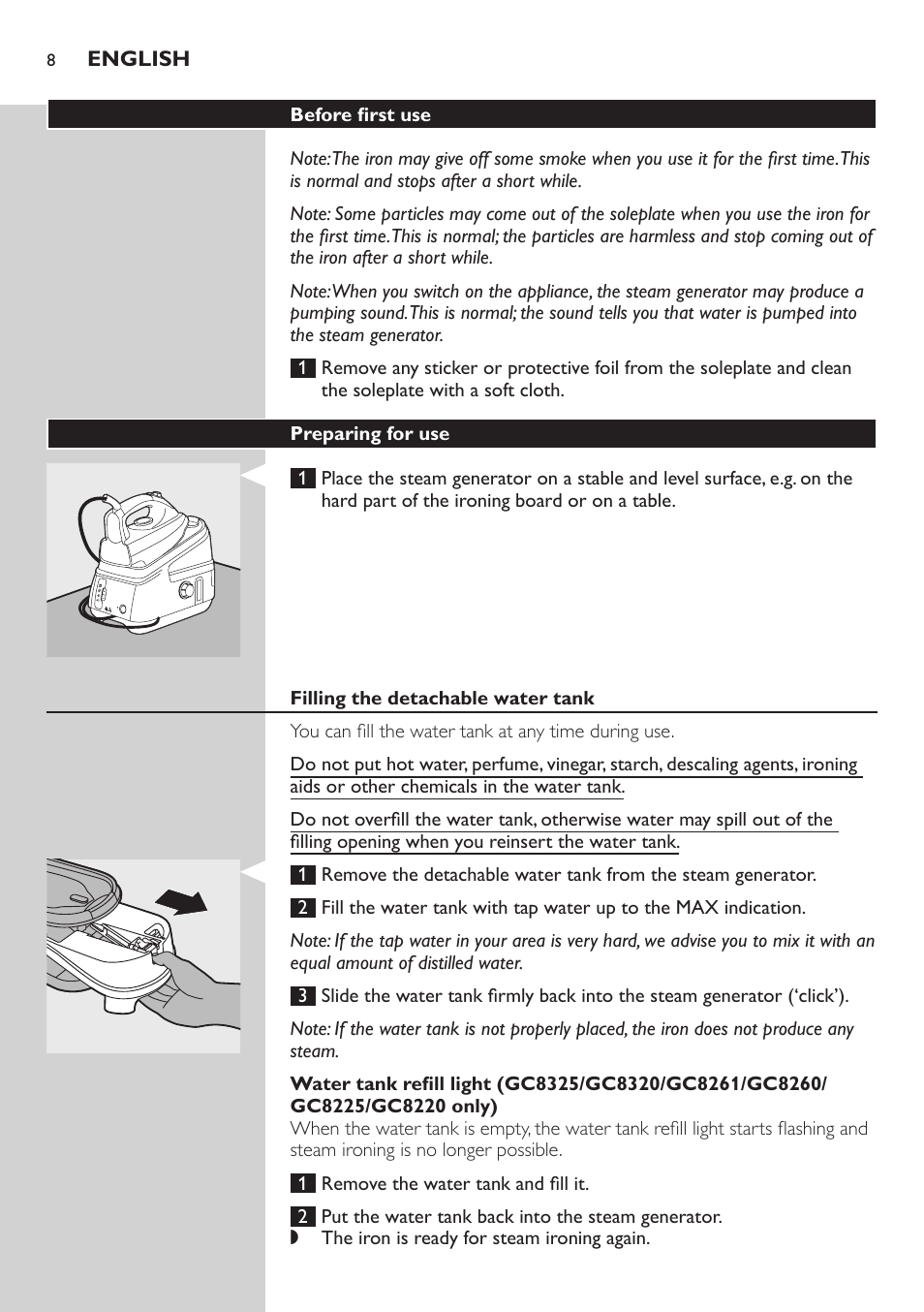 Before first use, Preparing for use, Filling the detachable water tank | Philips Dampfbügelstation User Manual | Page 8 / 166