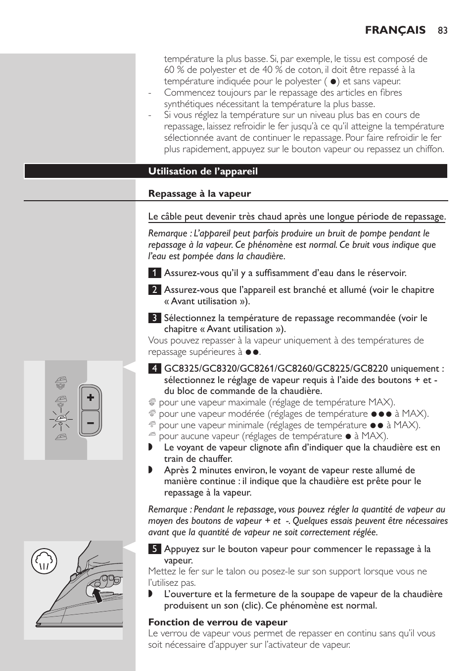 Utilisation de l’appareil, Repassage à la vapeur, Fonction de verrou de vapeur | Philips Dampfbügelstation User Manual | Page 83 / 166