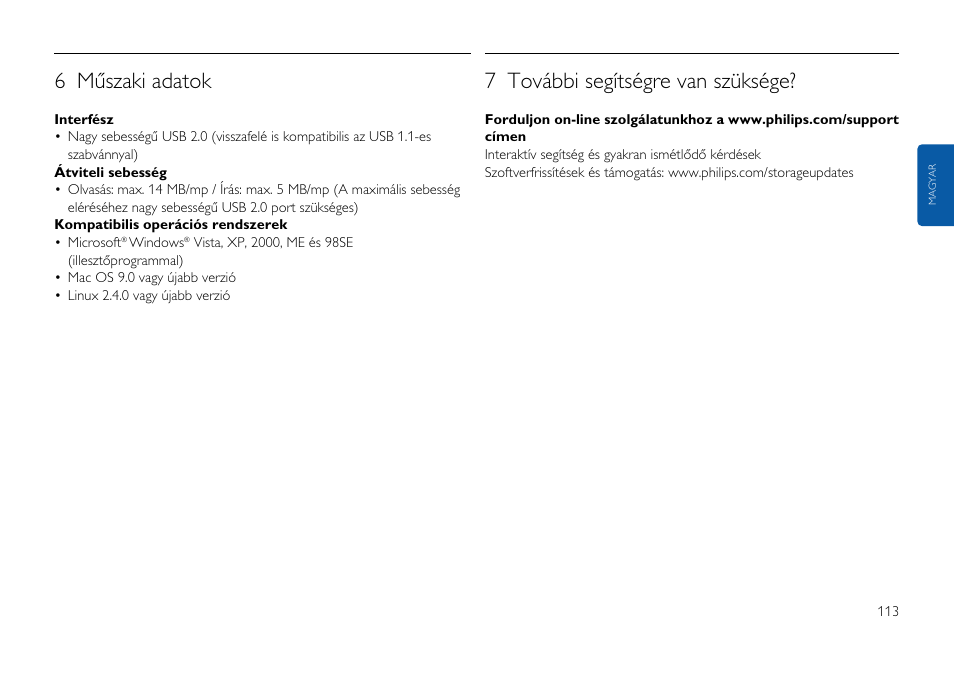 6 műszaki adatok, 7 további segítségre van szüksége | Philips USB-Flashlaufwerk User Manual | Page 113 / 130