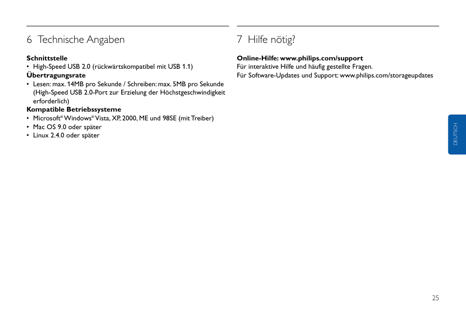 6 technische angaben, 7 hilfe nötig | Philips USB-Flashlaufwerk User Manual | Page 25 / 130