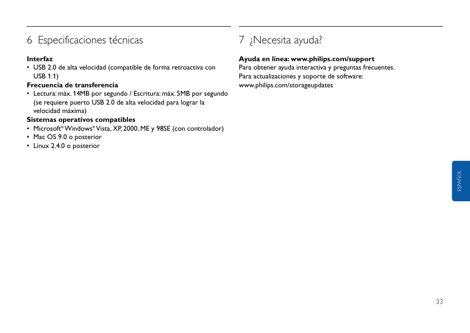 6 especificaciones técnicas, 7 ¿necesita ayuda | Philips USB-Flashlaufwerk User Manual | Page 33 / 130