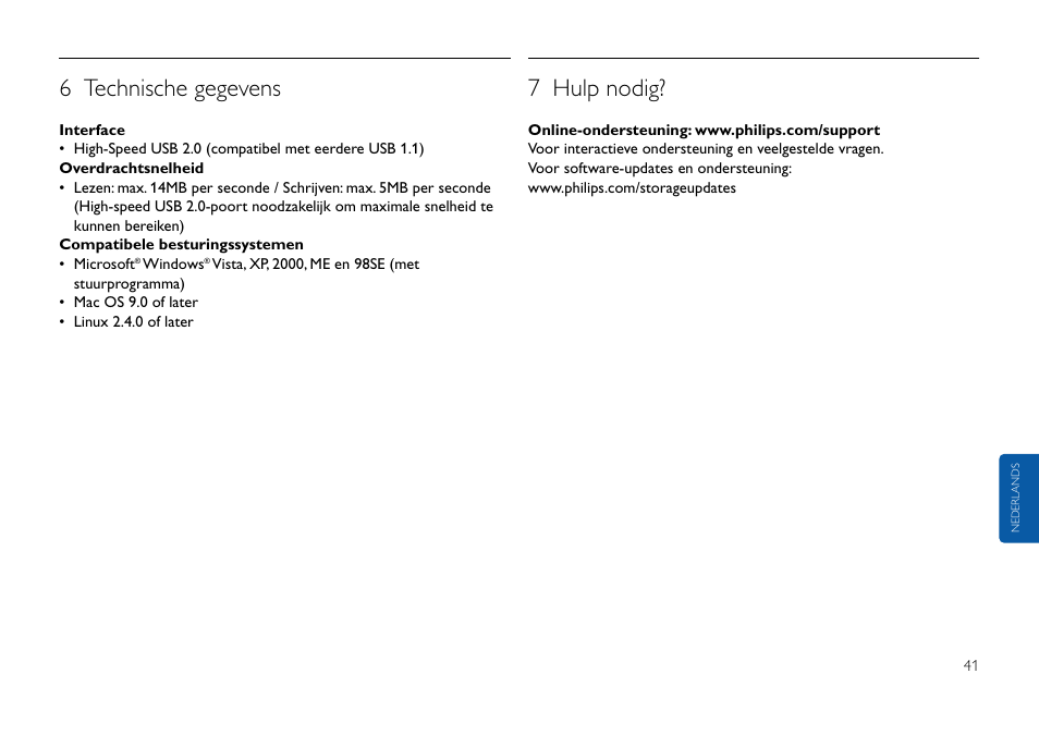 6 technische gegevens, 7 hulp nodig | Philips USB-Flashlaufwerk User Manual | Page 41 / 130