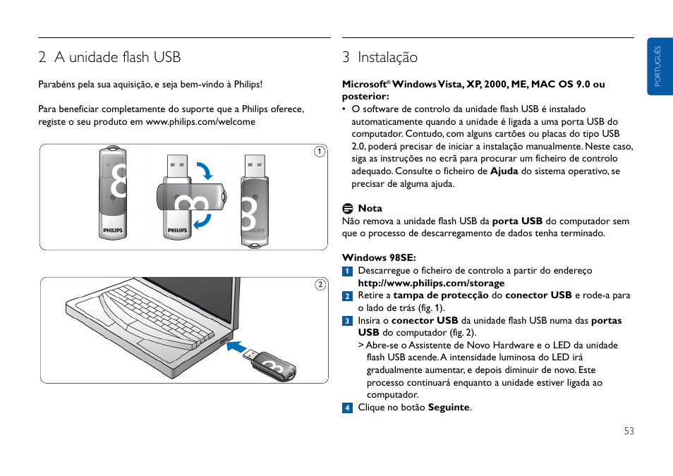 2 a unidade flash usb, 3 instalação | Philips USB-Flashlaufwerk User Manual | Page 53 / 130