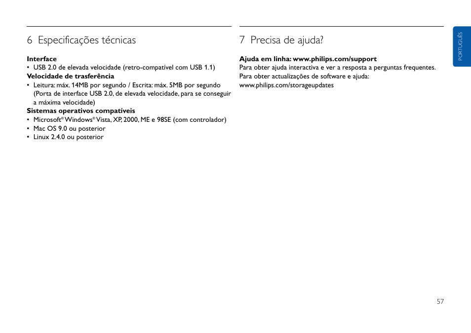 6 especificações técnicas, 7 precisa de ajuda | Philips USB-Flashlaufwerk User Manual | Page 57 / 130