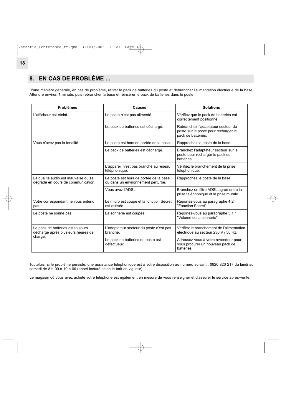 En cas de problème | Alcatel Carrier Internetworking Solutions Versatis Conference Phone User Manual | Page 18 / 144
