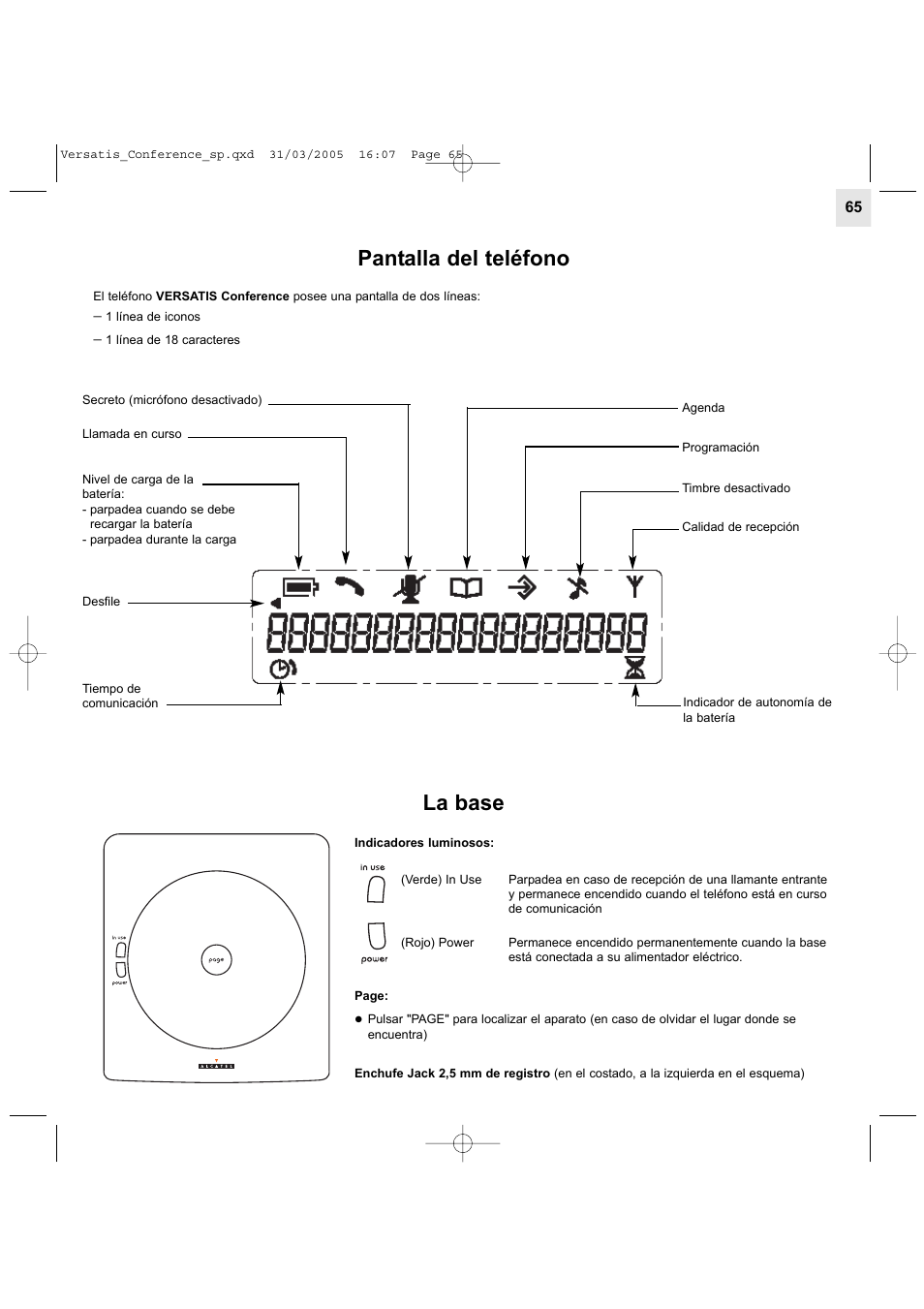 Pantalla del teléfono, La base | Alcatel Carrier Internetworking Solutions Versatis Conference Phone User Manual | Page 65 / 144