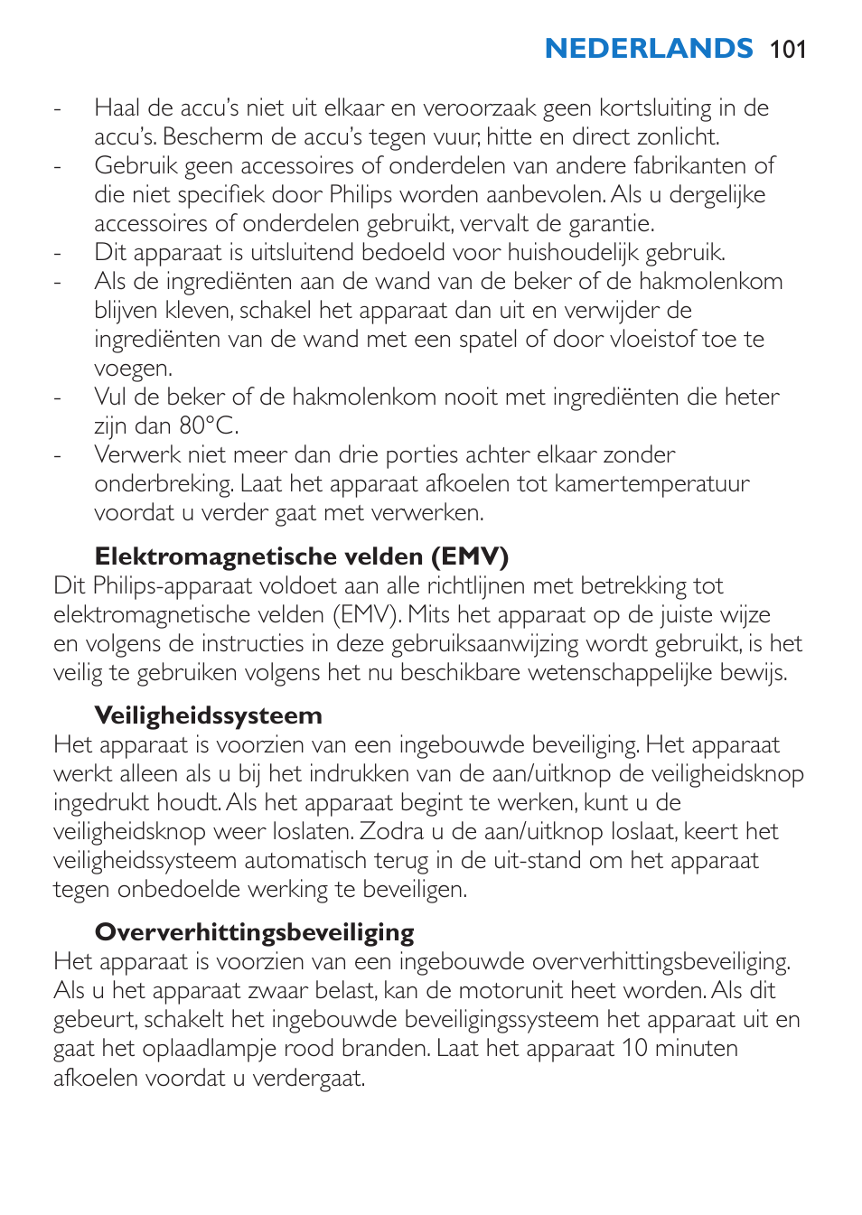 Elektromagnetische velden (emv), Veiligheidssysteem, Oververhittingsbeveiliging | Philips Stabmixer User Manual | Page 101 / 160