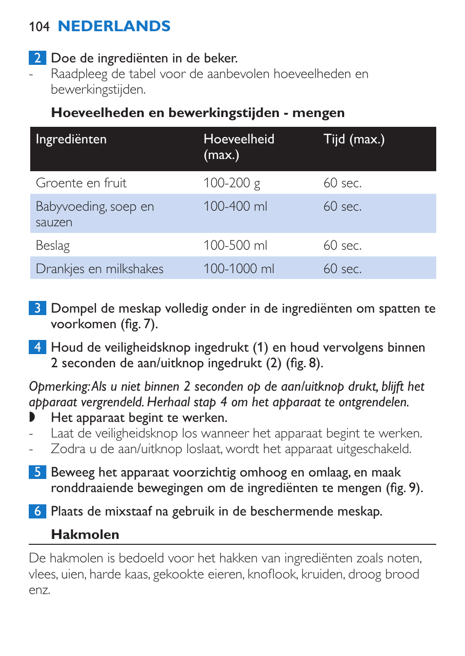 Hoeveelheden en bewerkingstijden - mengen, Hakmolen | Philips Stabmixer User Manual | Page 104 / 160