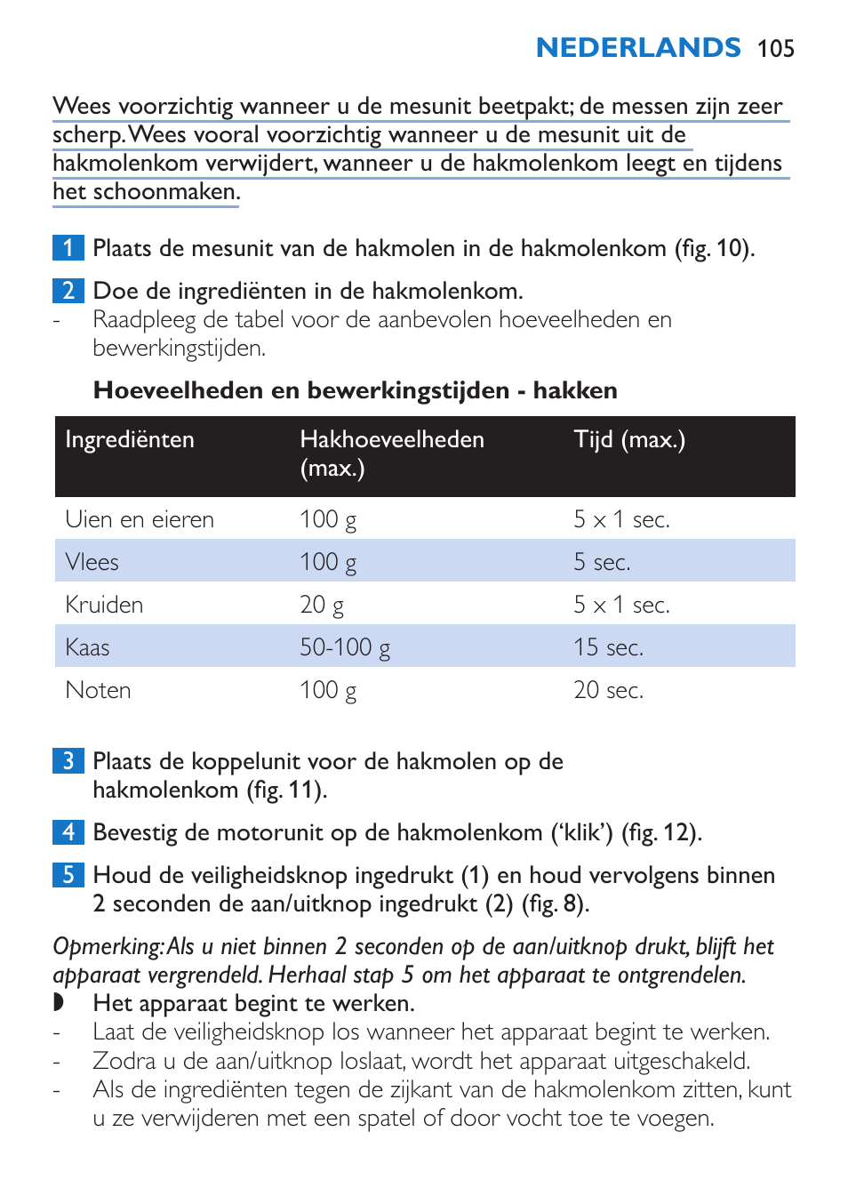 Hoeveelheden en bewerkingstijden - hakken | Philips Stabmixer User Manual | Page 105 / 160