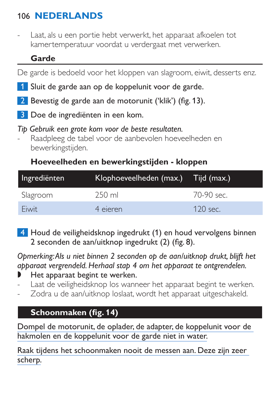 Garde, Hoeveelheden en bewerkingstijden - kloppen, Schoonmaken (fig. 14) | Philips Stabmixer User Manual | Page 106 / 160