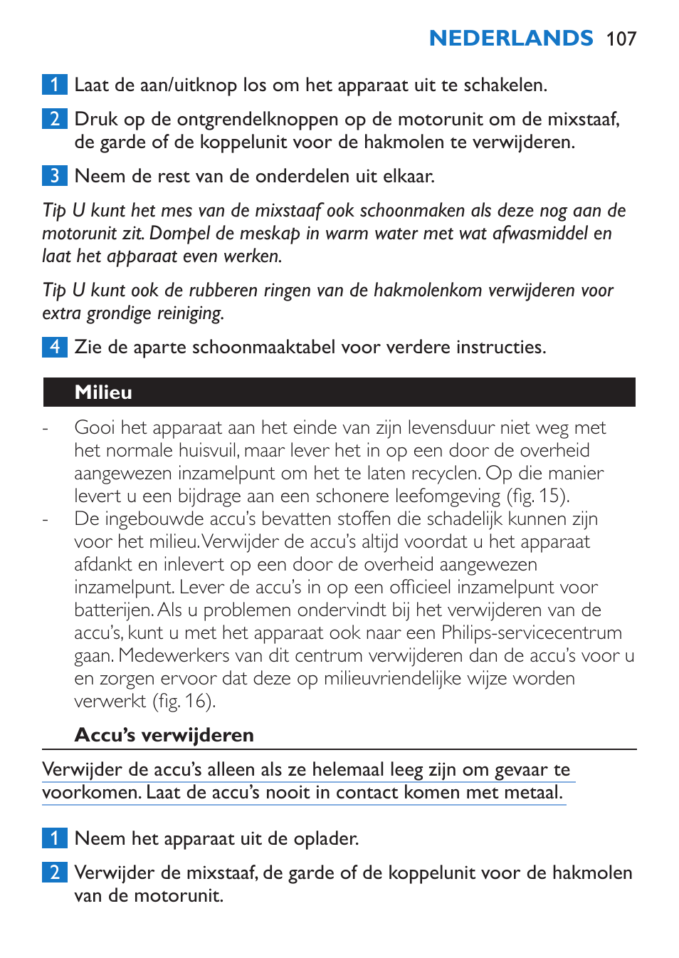 Milieu, Accu’s verwijderen | Philips Stabmixer User Manual | Page 107 / 160