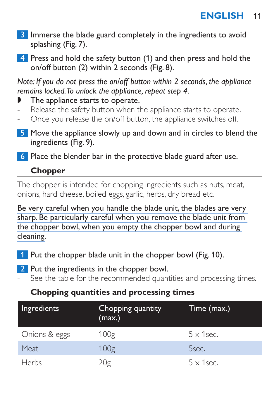 Chopper, Chopping quantities and processing times | Philips Stabmixer User Manual | Page 11 / 160