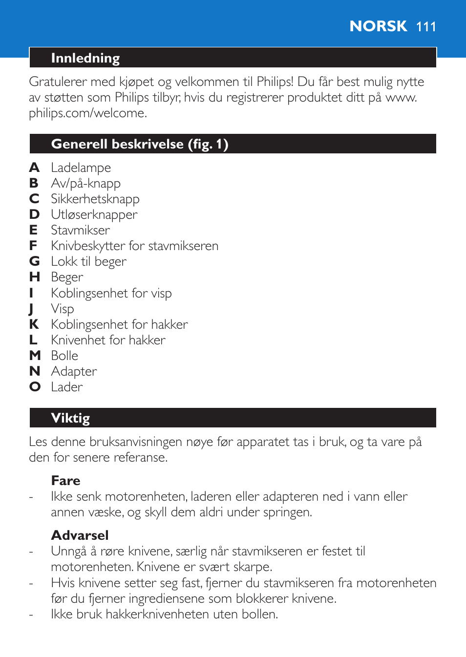 Fare, Advarsel, Norsk | Innledning, Generell beskrivelse (fig. 1), Viktig | Philips Stabmixer User Manual | Page 111 / 160